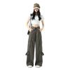 Vintage High Street Wide-leg Overalls Women's Spring New High-waisted Waist-turned Design Sports Casual Pants