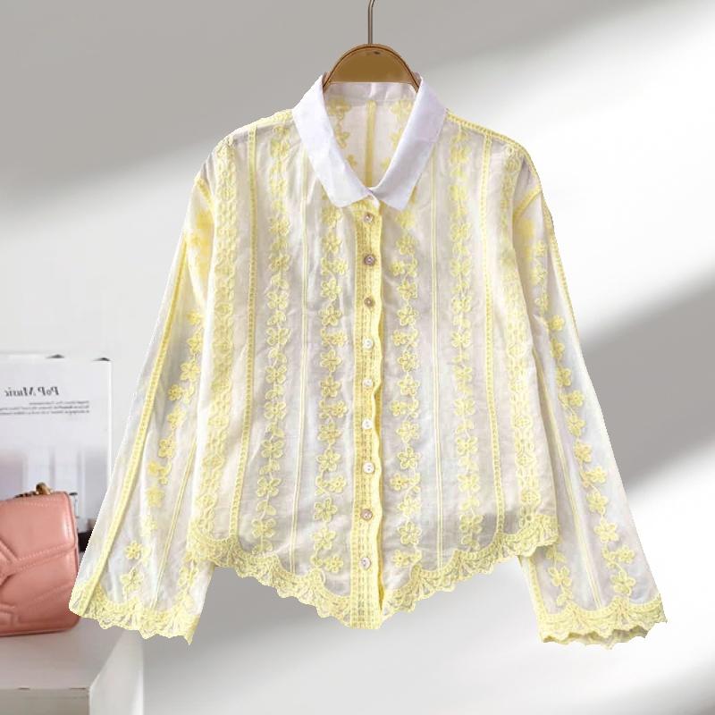 Fashion Elegant Long Sleeved Embroidered Lace Shirt New Lapel Loose and Thin Single-breasted Casual Blouse Female Simple Women's Irregular Top 3504