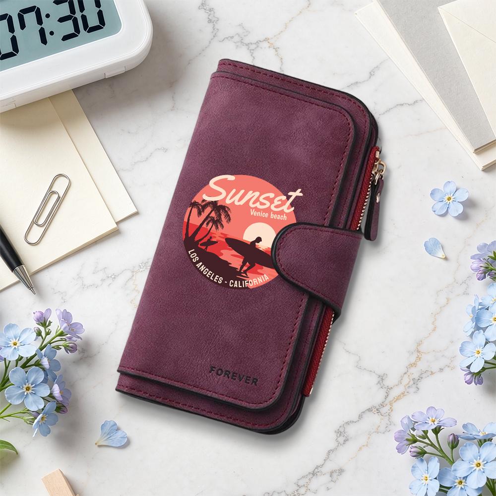 Vintage Style Sunset Pattern Long Wallet Multi Pocket Portable Daily Use Purse