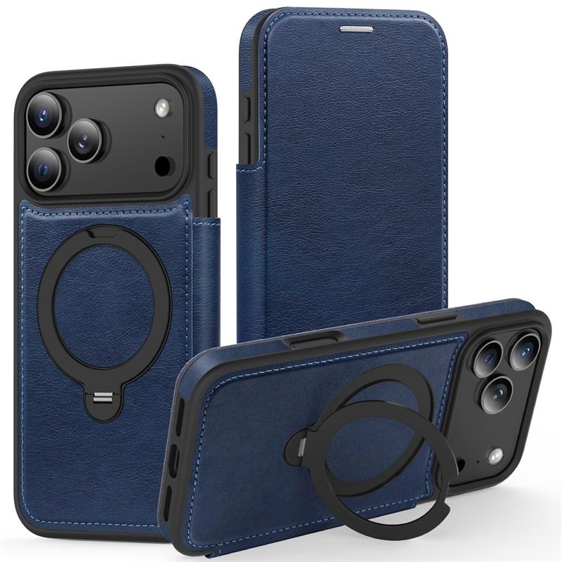luxury PU Leather Card Wallet Flip Case For iPhone 12 13 14 15 16 17 Pro Max Magnetic Magsafe 360 Rotat Metal Ring Bracket Cover