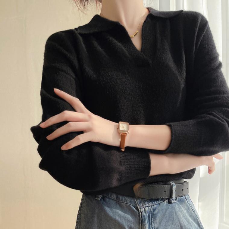 POLO-Kragen Strickpullover Damen Herbst und Winter Modischer Lockerer Pullover Vielseitiger Einfarbiger Freizeitpullover
