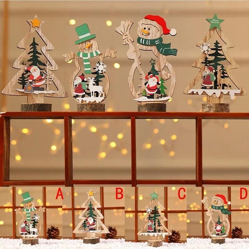 New Wooden Snowman Christmas Tree Desktop Ornaments Painted Hollow Wood Assembled Decorations Home Bar Xmas Table Decor Crafts
