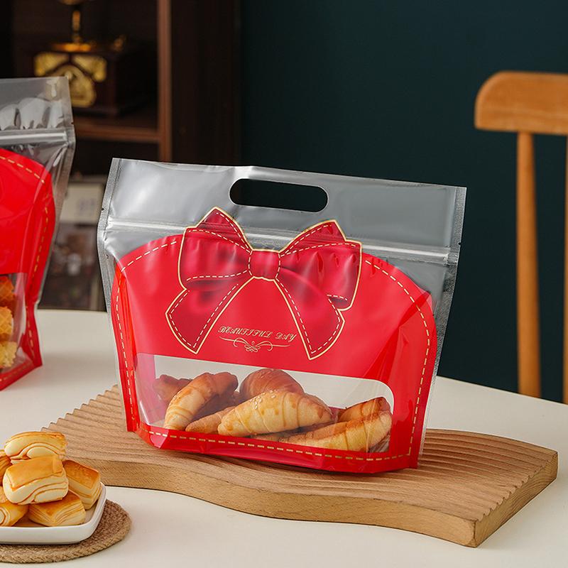 50Pcs Red Bowknot Shape Bread Bags Candy Jewelry Packaging Bag Birthday Festival Party Favor Bag Transparent Self-Lock Pouches