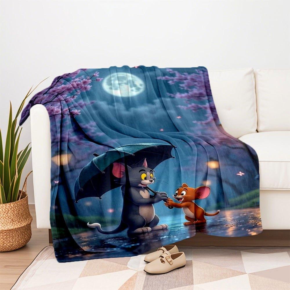 "Tom & Jerry Rainy Night Adventure Wall Art Print"Blanket Flannel Throw Blanket for Sofa, Bed, Travel, Camping, Office