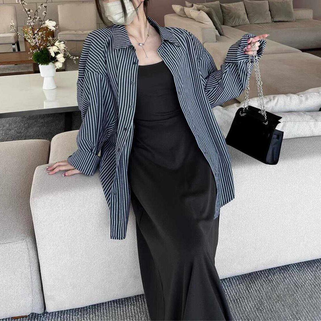 Vintage silhouette striped sunscreen shirt jacket women s 2026 summer Korean loose dark gray shirt long-sleeved top S
