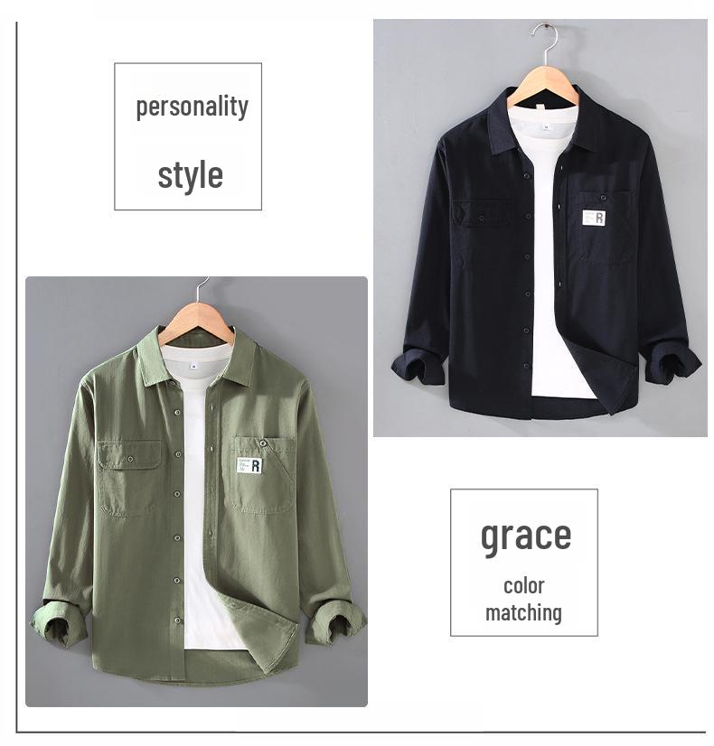 Japanese Style Men's Casual Loose Fit Work Shirt Jacket, Long-Sleeved for Spring and Autumn