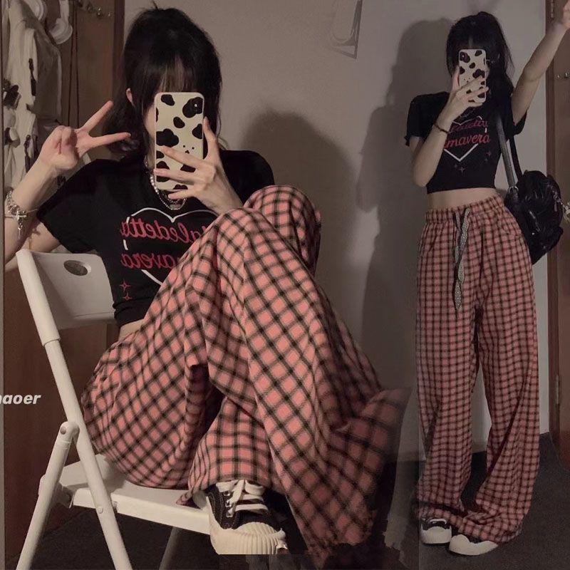 

2025 Summer Chic Two-Piece Set: Short Fashion Top & High Waist Wide-Leg Plaid Pants L