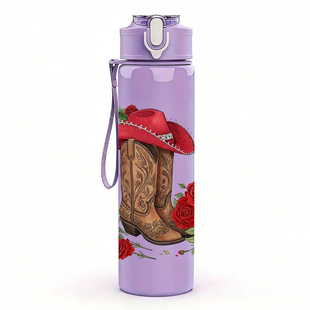 1PC Cowboy Boot With Red Rose 750ml Color Plastic Sports Water Bottle Leakproof Flip Straw Lid Suitable for Sports Office Home Use