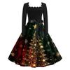 Women's Fashion Retro Long-sleeved Square Collar Christmas Printed Evening Dress