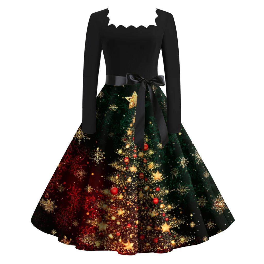 Women's Fashion Retro Long-sleeved Square Collar Christmas Printed Evening Dress