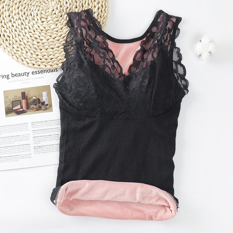 Thermal Underwear Women Top with Bra Fleece Camisole Large Velvet Winter Seamless Sexy Lace V-neck Warm