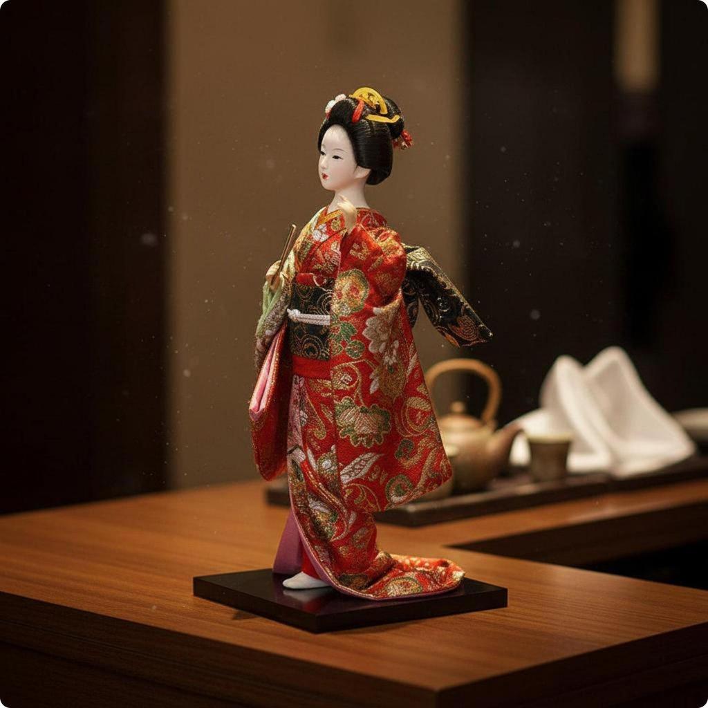 Japanische Geisha-Puppe Details Traditionelle Figur Handgefertigte Seidenstatue für