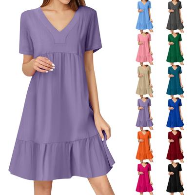Womens Summer Dress Short Sleeve V Neck Short Dresses Fashion Casual Flowy Boho Ruffle A Line Swing Sundress