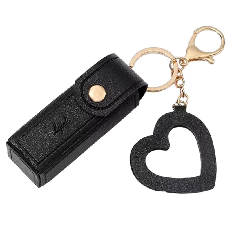 PU Leather Lipstick Bag Keychain Heart Pendant Mini Portable Key Chain Keyring