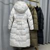 Women's Winter Autumn Hooded White Duck Down Jacket Coat Loose Long Solid Color Big Pocket Belt Waist Down Coat