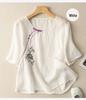 2024 Sommer Damen Bestickte Retro Baumwolle Leinen Bluse mit Schräger Knopfleiste und Froschknöpfen