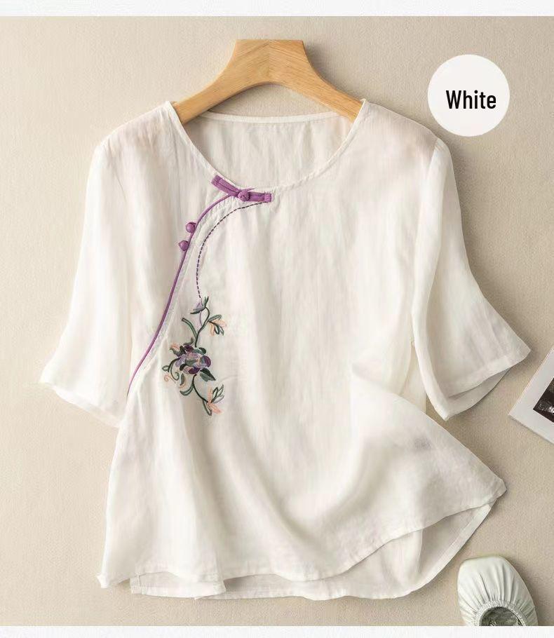 2024 Sommer Damen Bestickte Retro Baumwolle Leinen Bluse mit Schräger Knopfleiste und Froschknöpfen