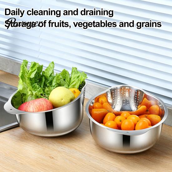 Rust Proof Food Strainer 304 Stainless Steel Colander with Side Drainage Holes, 3-in-1 Kitchen Bowl for Washing Rice Vegetables Fruits, Large Capacity