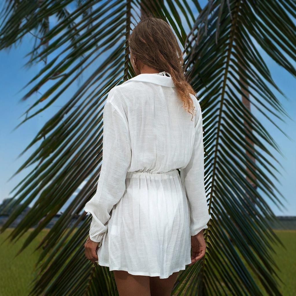 2025 New European and American Style Long-sleeved Shirt Skirt Women's Summer Solid Color Lace-up Loose Casual Dress