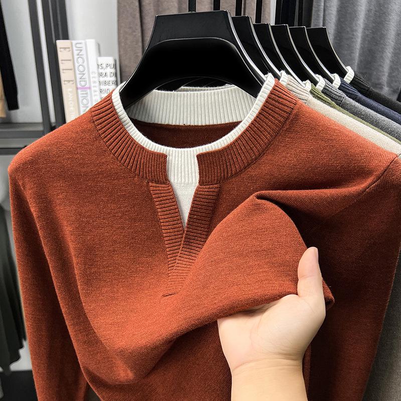 Men's V-Neck Faux Two-Piece Knit Sweater: Casual Long Sleeve Base Layer for Autumn & Winter