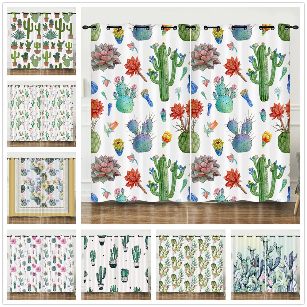 Curtains Fresh Green Plants Hand-Painted Cactus 3D Digital Printing Blackout Curtain Punching