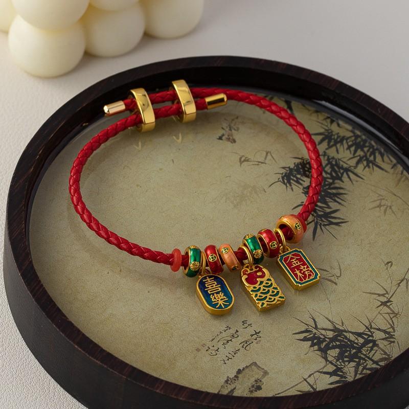Vintage-Inspired Alloy Bracelet With Enamel Detailing Adjustable Leather Cord Women Men Retro Chinese Style Hand Jewelry Red Leather Cord
