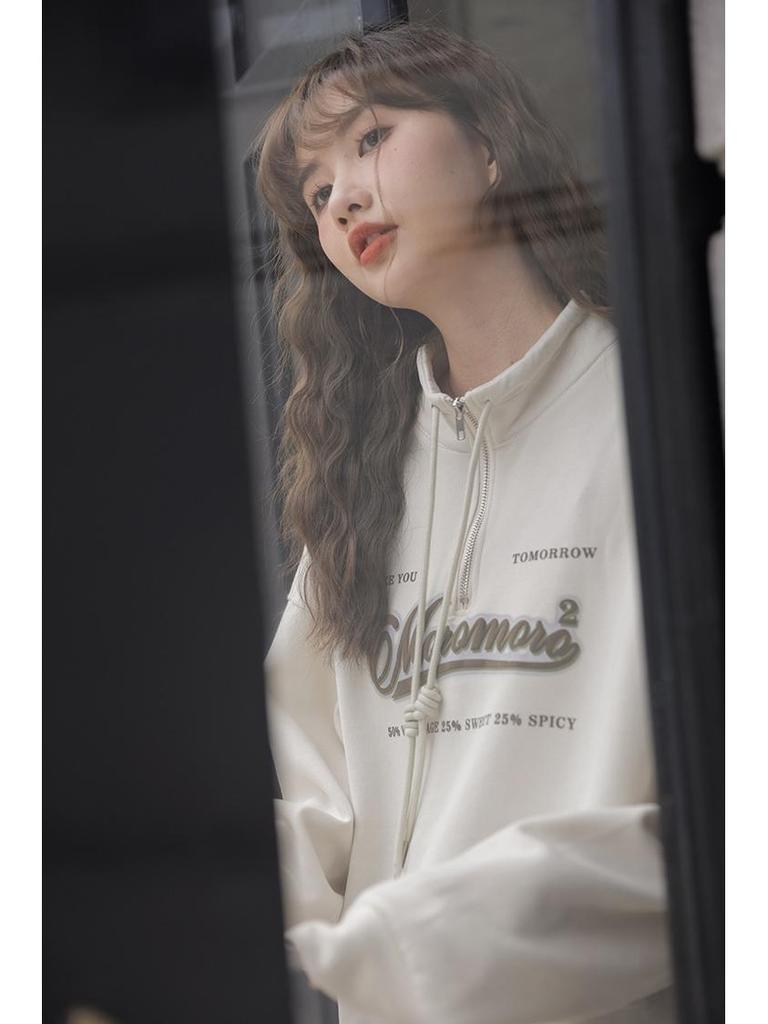 Europäischer Stil Übergröße High Waist Sweatshirt für Damen - 2025 Frühling/Herbst Kollektion: Lockere Passform, Schlankmachend, Stehkragen, Kurzes Oberteil