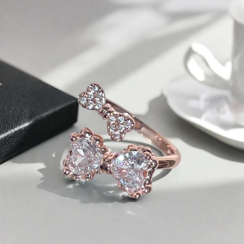 Sweet And Cool Pink Diamond Bow Series Open Ring Women'S Light Luxury Temperament Niche Design High-End Fashion Index Finger Ring