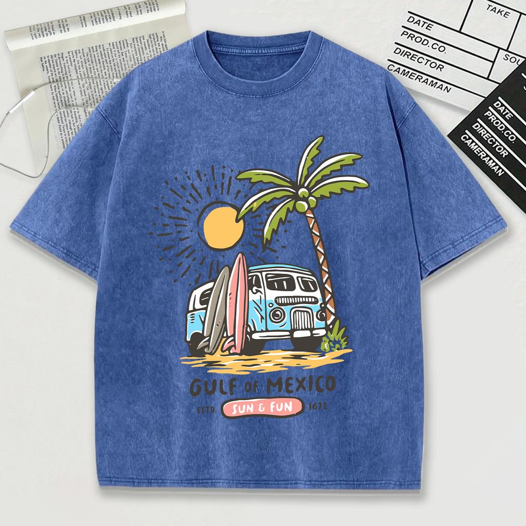 Gulf Of Mexico Estd Sun Fun Print Washed Men T-Shirt Summer Retro Cotton T Shirts Snow Wash Tee Loose O-Neck Streetwear