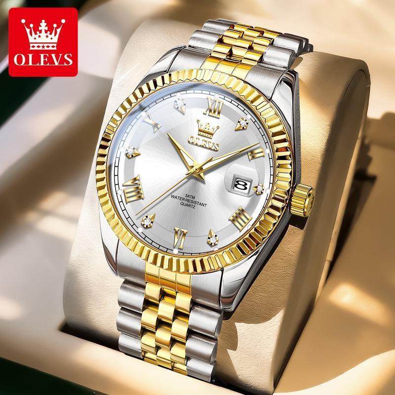 OLEVS Men's Watches Silver Stainless Steel Waterproof Quartz Watch for Man Luminous Date Business Original Male Wristwatch