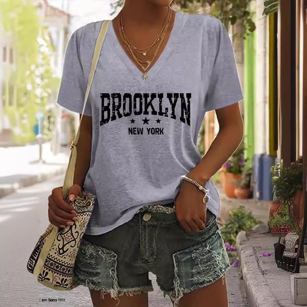 

Summer V-neck 3D Letter Pattern Printed Top Fashionable Casual Short Sleeved Women s T-shirts S