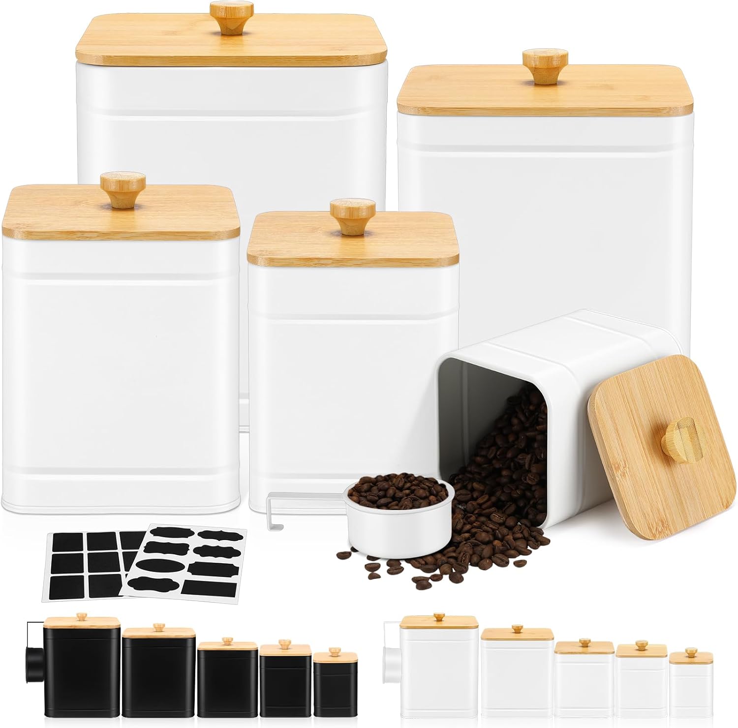 

5 шт. Герметичные металлические кухонные контейнеры с этикетками и ложкой, черные, для кофе, чая, сахара, муки – Фермерское хранение на столешнице белый