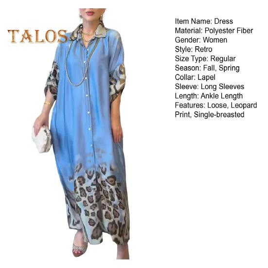 Lady Spring Maxi Dress Lapel Leopard Print Long Sleeves with Cufflink Loose Single-breasted Vintage High Waist Casual Daily Dress