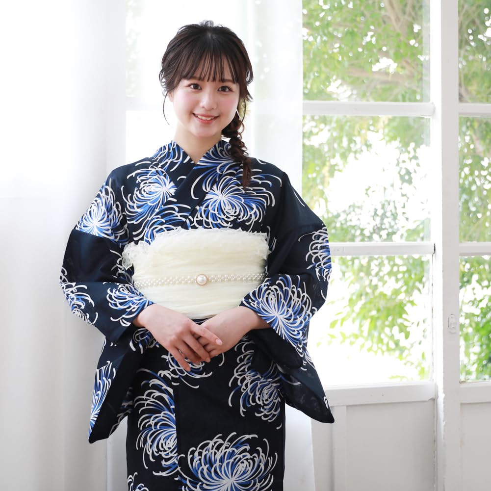 Yukata Set Blue with White and Light Blue Love Yukata Set [Brilliant Peace] "Wa Nadeshiko" Women's "Navy Chrysanthemums" Heart-Pounding 2-Piece