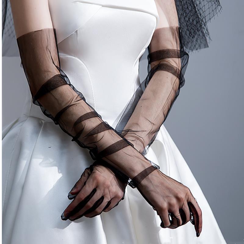 Dámské ultra tylové rukavice síťované průsvitné celoprstové loketní dlouhé rukavice vintage rukavice proti slunci svatební nevěsta šaty palčáky