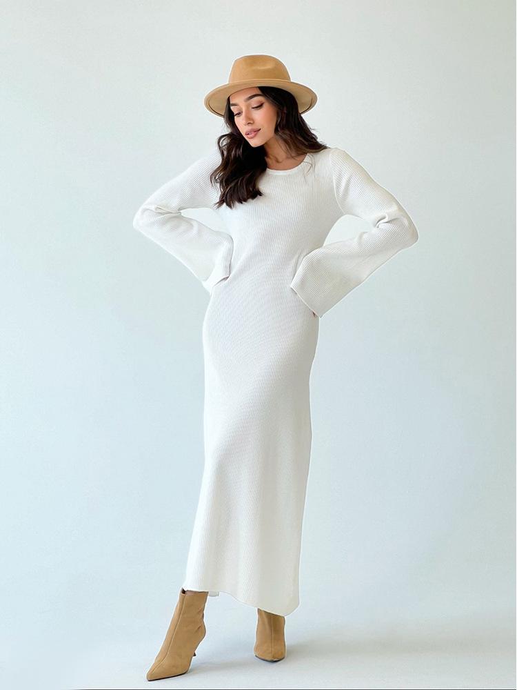 

Шикарное однотонное платье с круглым вырезом и длинными рукавами-колокольчиками - Осенне-зимнее элегантное платье с приталенным силуэтом для повседневной носки One Size белый