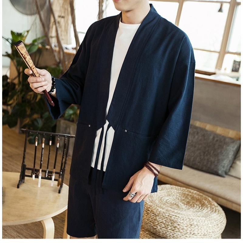Men Chinese Style Retro Japanese Loose Open Front Cardigan Jacket Summer Outerwear