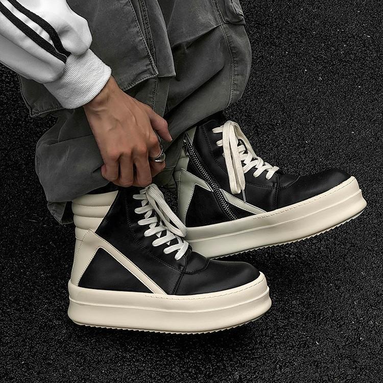 Inverted Triangle Platform High-top Board Shoes Women's Leather Couple Dark Black Heightening Locomotive Martin Boots Women