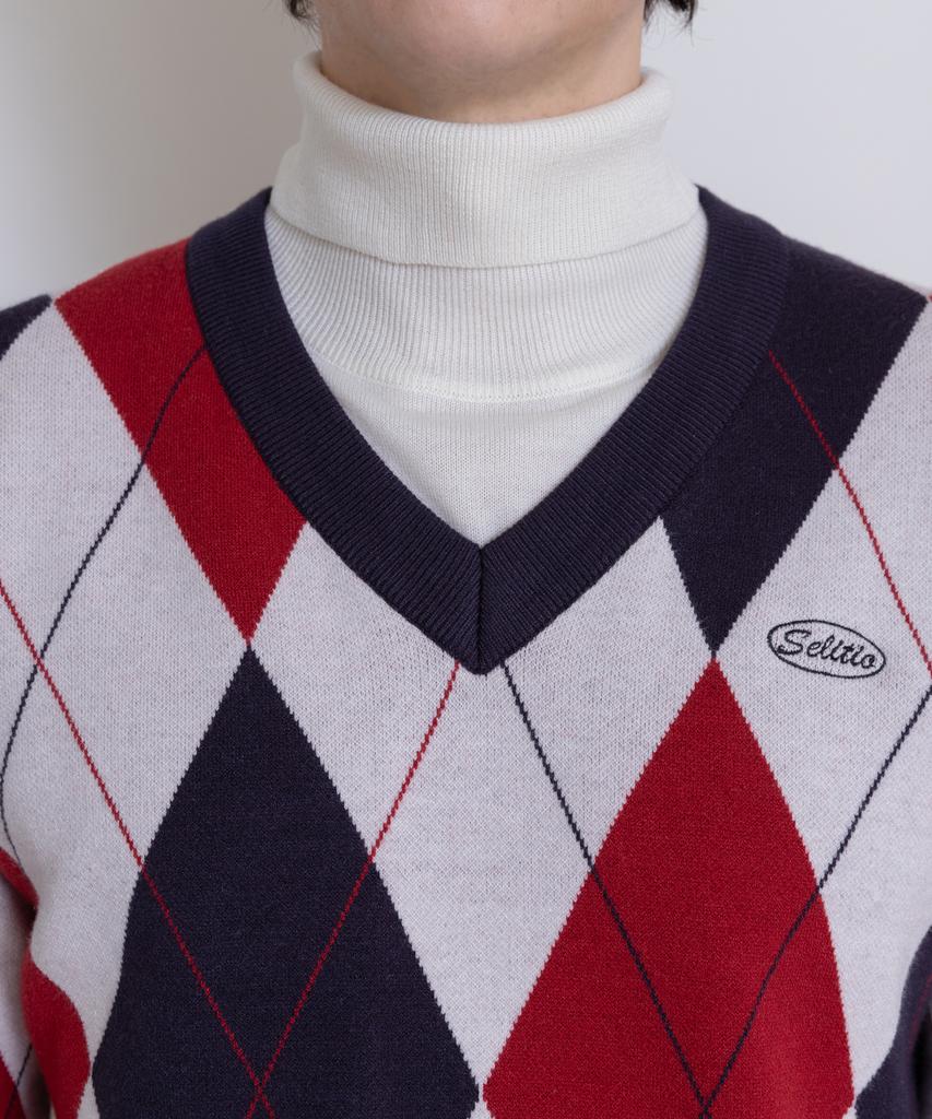 SELITIO Argyle V-Neck Soft Knit Red