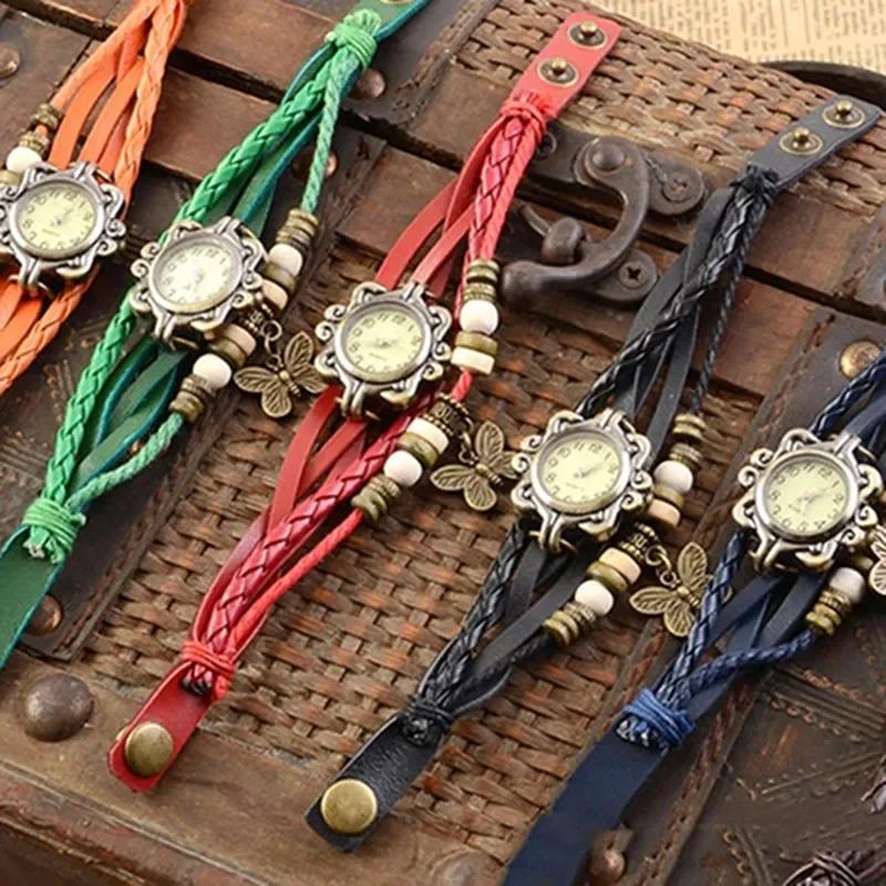 Women Watches Casual Vintage Multilayer Butterfly Faux Leather Bracelet Wrist Watch Ladies Female Clock Montre Femme Relogios