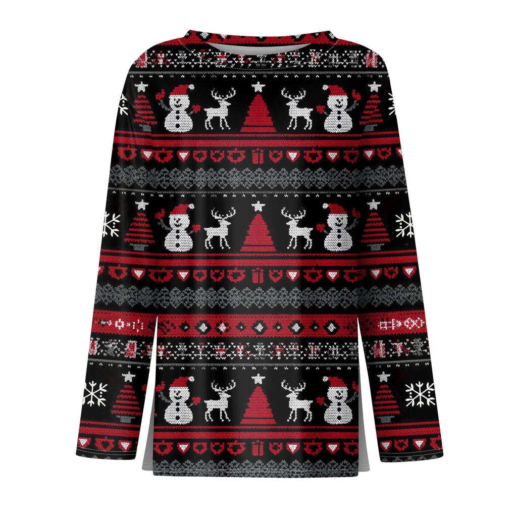 Women's Fashion Hem Slit Casual Christmas Printed Round Neck Long Sleeve Top