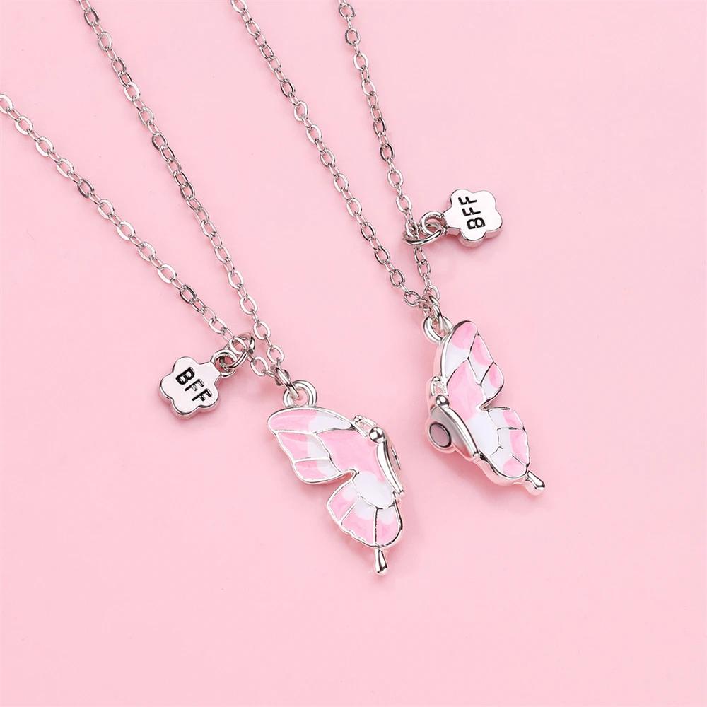 2PCS/Set Beautiful Butterfly Pendant Necklaces Best Friends Couple Magnet Choker Vintage Chain Lover Fashion Party Jewelry Gifts