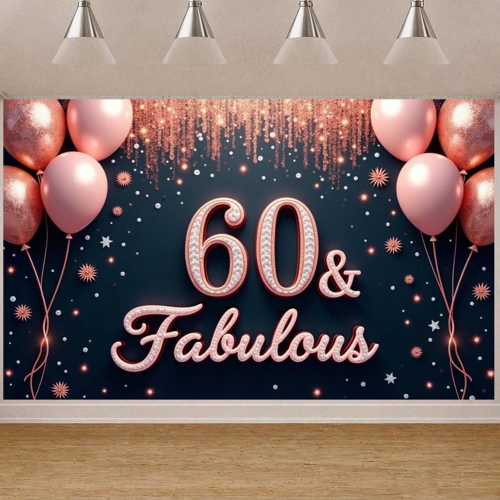 60th Birthday Banner Balloon Decor Fabulous Birthday Background 60th Celebration Banner Glitter Accents For Birthday Photo