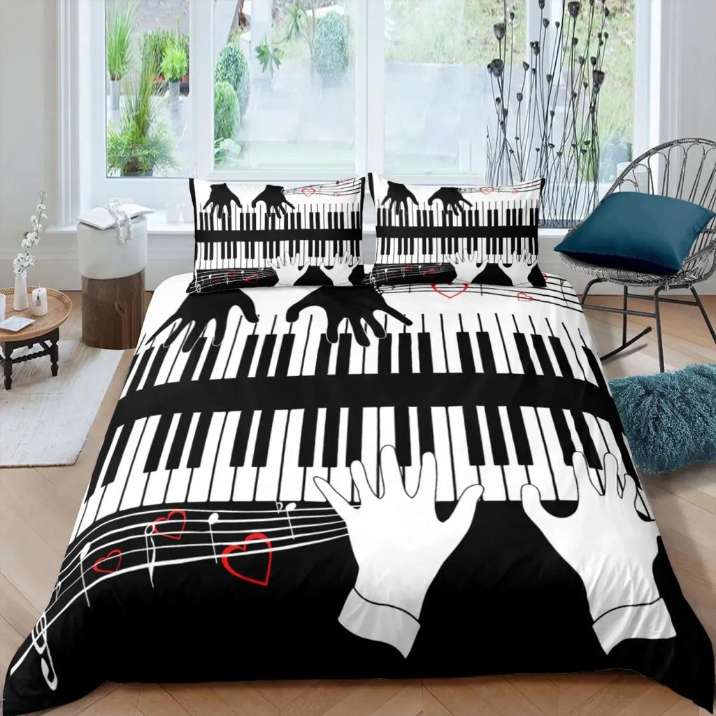 Piano Keys Duvet Cover Set Rotating Musical Notes Bedding Set Tie Dye Bedding Set Retro Music Comforter Cover Bedclothes Queen