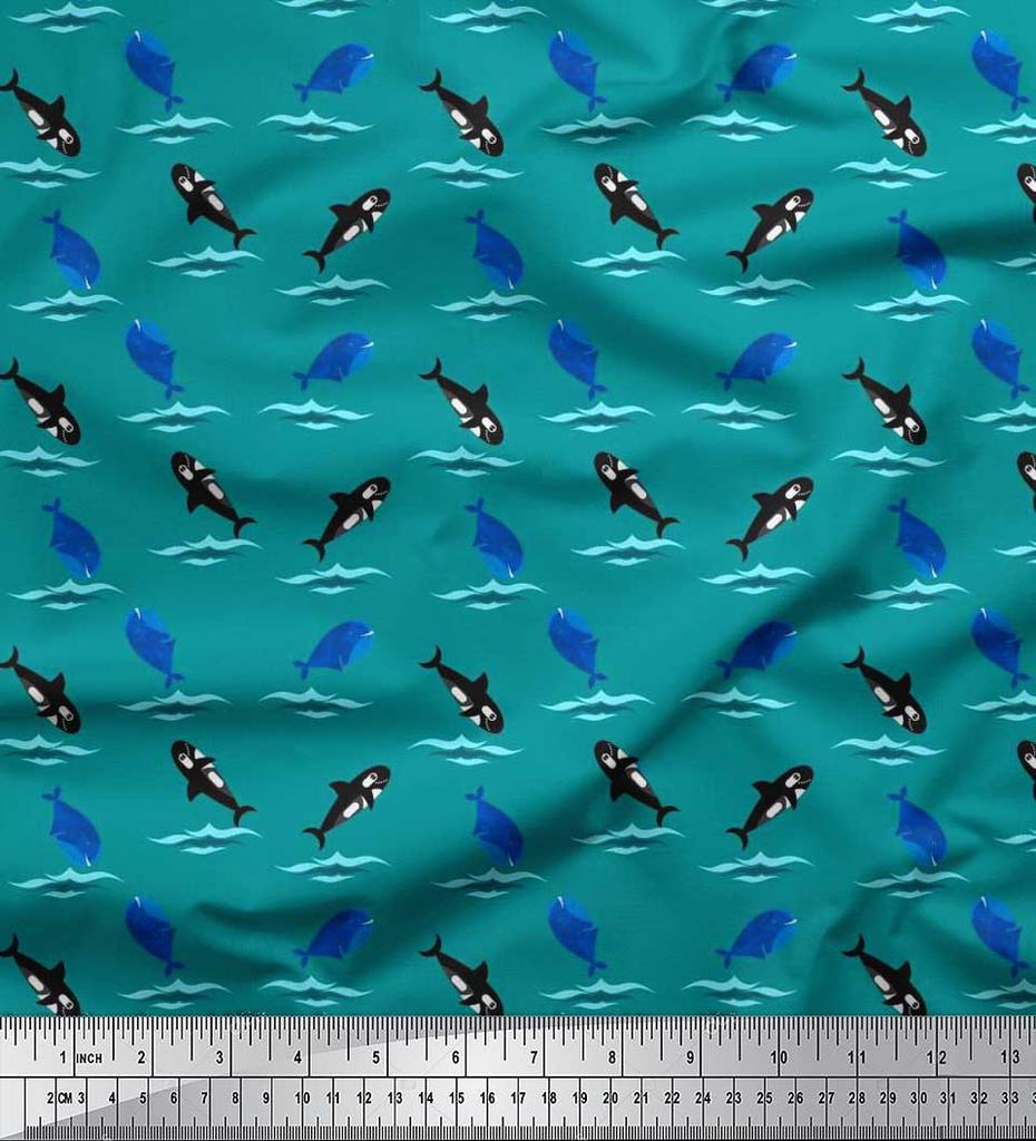 Soimoi Japan Crepe Satin Fabric Waves,Whale & Dolphin Ocean Decor Fabric Printed metre 42 Inch
