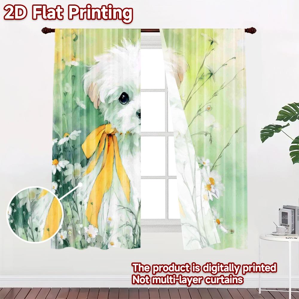 2D platt tryck 2 st Gardiner Söt Vit Hund Gul Rosett Prästkragar Digitalt Tryckta Polyestergardiner Festlig Väggdekor Använd för