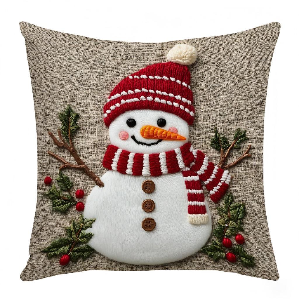 Christmas Embroidered Pillow Covers Set of 4 Santa Deer Snowman Cushion Cases Winter Holiday Sofa Decor (No Insert)