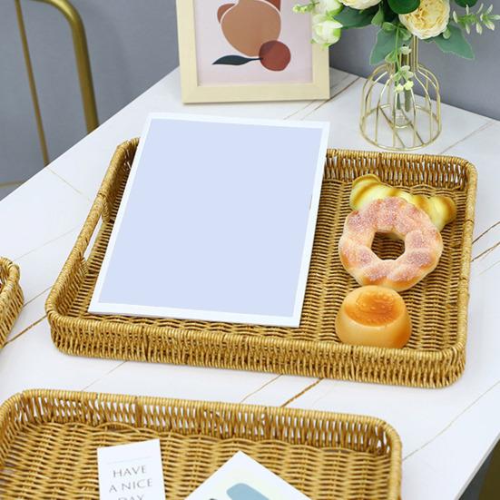 Storage Basket with Handle Manual Braided Faux Rattan Rectangle Shape Hollow Drainage Party Picnic Fruit Snacks Bread Serving