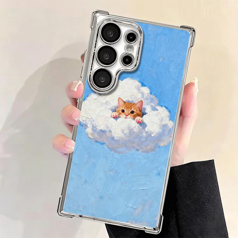 Cat Cute Kitten Cartoon Plating Phone Case For Samsung Galaxy S24 S25 FE S26 Edge S23 Ultra S22 S21 Plus S20 Anti-Fall Airabag C
