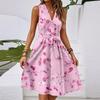 Vestido midi casual feminino primavera e verão, decote em V, sem mangas, cintura, estampa floral